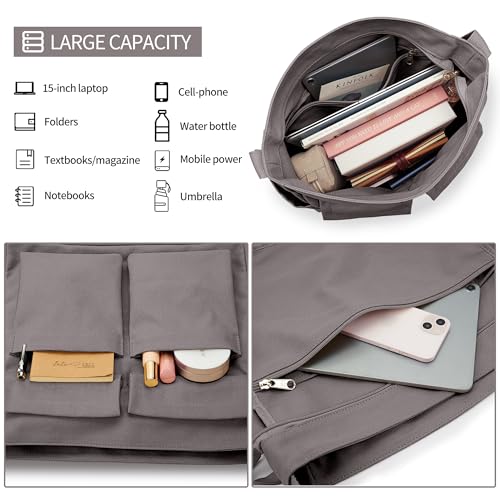 KALIDI Canvas Tote Bag Zipper Large Crossbody Shoulder Bag Messenger Bag - color: Upgraded Grey