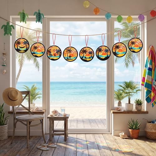 Renbuzhu 48PCS Summer Crafts: Paper Tropical Palm Tree Suncatchers DIY Kits, Window Stained Glass Effect Art Supplies for Hawaiian Luau Tiki Beach Party Favors - style: palm tree
