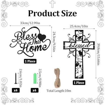 WANDIC 2Pcs Metal Cross Decor, 40 * 25cm Rustic Farmhouse Decor Prayer Text Hanging Wall Sculpture for Living Room Church Office Use Christian Gift