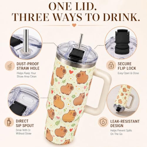 Capybara Tumbler 40 oz with Handle, Cute Capybara Gifts for Women Girls, Insulated Stainless Steel Cup with Straw, Funny Animal Lover Gift for Capybara Fans - color: Capybara1