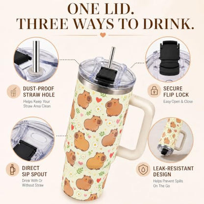 Capybara Tumbler 40 oz with Handle, Cute Capybara Gifts for Women Girls, Insulated Stainless Steel Cup with Straw, Funny Animal Lover Gift for Capybara Fans - color: Capybara1