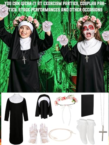 8 Pcs Halloween kids Nun Costume Set with Nun Outfit Hat Belt Gloves Socks Cross Necklace Book and Rose Wreath St Rose of Lima Halloween Nun Outfit for Girls