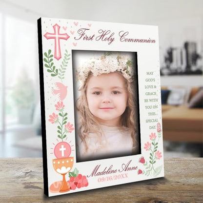 BELLA BUSTA-Personalize My First Holy Communion Theme Picture frame-Cross and Chalice, Religion, Christian Traditions Occasion-UV Print (5x7 Vertical (Girl)) - color: 5x7 Vertical (Girl)