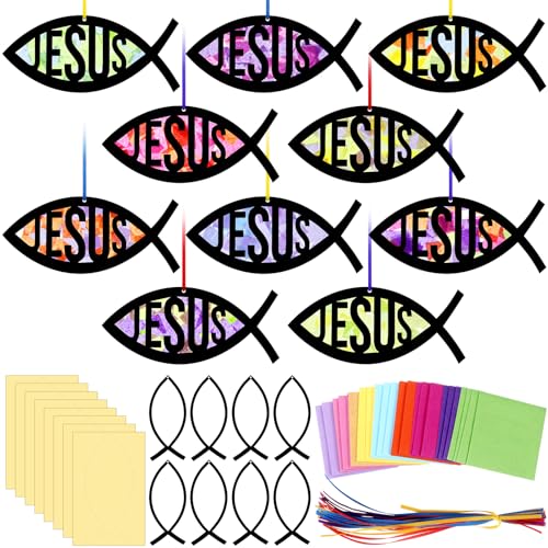 Motipuns 32 Sets Christian Fish Suncatcher Kits for Sunday School VBS Kids - style: Religious Fish