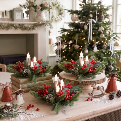 Tuanse 3 Set Christmas Poinsettia Centerpiece with Flameless Candle, Farm - style: Christmas Holly Berry