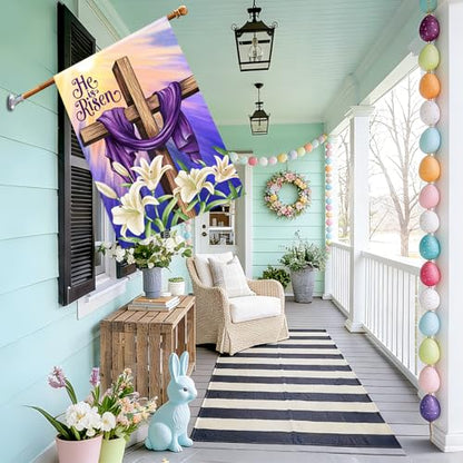 He is Risen Easter Christian House Flags 28x40 Double Sided Burlap, Religious Cross Spring Lily Flower Sign Large Flag Farmhouse Yard Outdoor Decoration DF701-28 - size: 28" X 40"