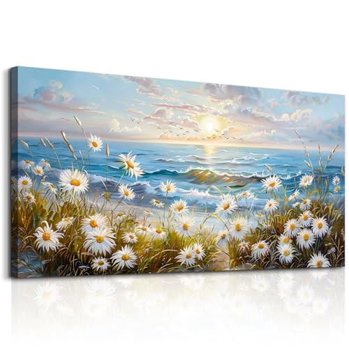 Large Coastal Wildflower Wall Art,Daisy Botanical Canvas Prints 20x40 Inch - color: Flowers Sea Painting, size: 40"L x 20"W