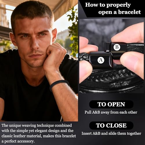REVOLIA 3Pcs Black Leather Bracelets for Men Women Braided Leather Wristband Cuff Bracelets Multi-Layer Braided Leather Bracelets Set 7.5-9 Inches - color: Black