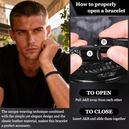 REVOLIA 3Pcs Black Leather Bracelets for Men Women Braided Leather Wristband Cuff Bracelets Multi-Layer Braided Leather Bracelets Set 7.5-9 Inches - color: Black