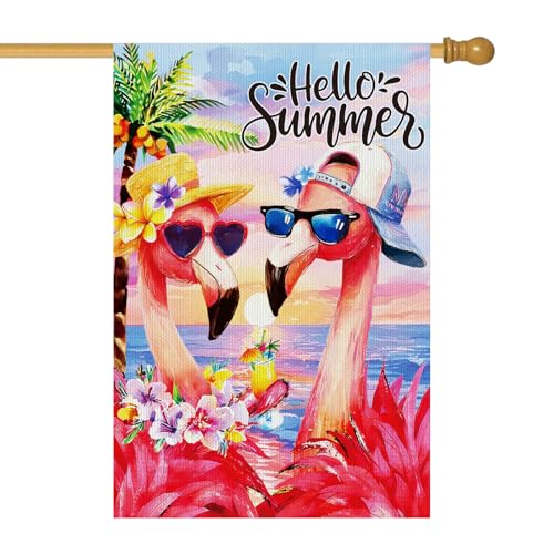 Flamingo House Flag Double Sided, Hello Summer Tropical Yard Decor, Summer Outdoor Burlap Banner Flag for Pool Party Patio Welcome Decorations Supplies 28 x 40 Inch - color: Pink