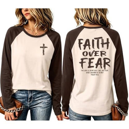 Christian Shirts for Women Faith Over Fear Shirt Jesus Long Sleeve Shirts - color: Brown, size: Large
