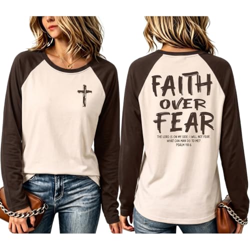 Christian Shirts for Women Faith Over Fear Shirt Jesus Long Sleeve Shirts - color: Brown, size: XX-Large