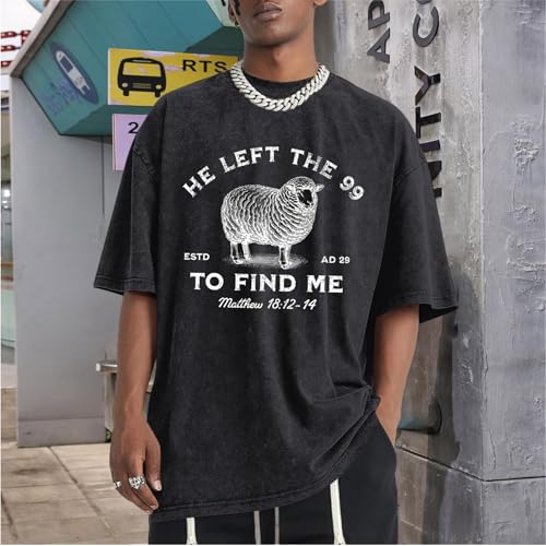 Christian Shirts for Men He Left The 99 to Find Me Shirt Jesus Religious Bible Verse Oversized Washed Graphic Tees - color: Black, size: XX-Large