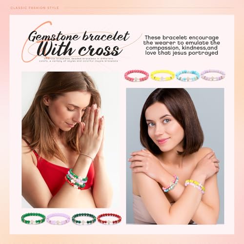 Huquary 24 Pcs Cross Beaded Bracelets, 8mm Christian Stone - color: Stylish
