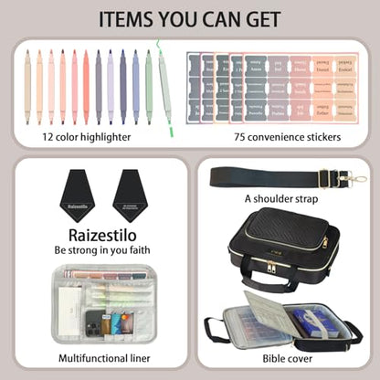 Bible Cover for Women Bible Case, Large Bible Bag, Bible Study Supplies Bible Journaling Kit Book Carrying Case with Bible Highlighters Tabs, Valentines Day Christian Gifts for Women (Black) - color: Black