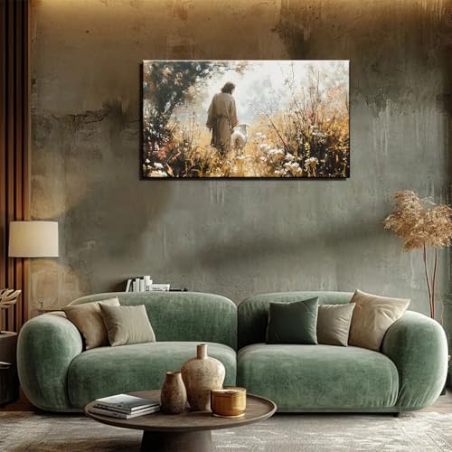1Pcs Vintage Framed Jesus Lamb Paintings Canvas Wall Art Shepherd Flock Paintings Christian Wall Decor Modern Pictures Religious Art Print for Living Room Bedroom Decoration16x24in - size: 16"L x 24"W