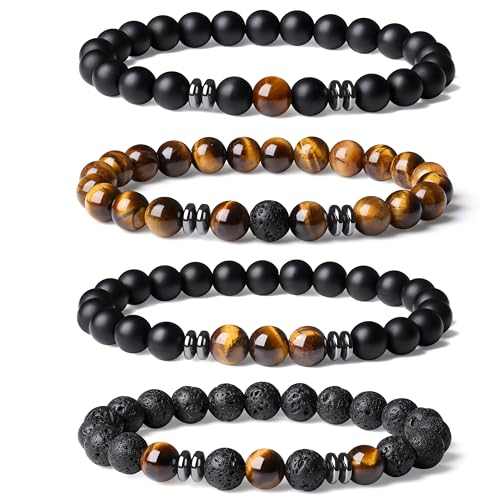Mens Beaded Bracelets, 8MM Beaded Bracelets for Men, Natural Tiger Eye Bead Bracelet, Stretch Elastic Beads Bracelets for Men - color: 4 black yellow volcanic stone