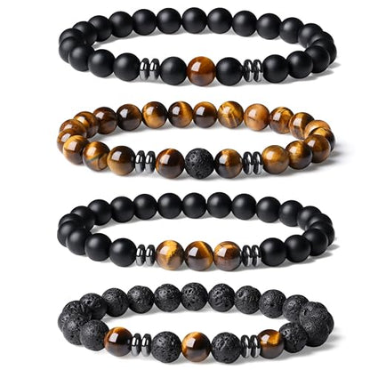 Mens Beaded Bracelets, 8MM Beaded Bracelets for Men, Natural Tiger Eye Bead Bracelet, Stretch Elastic Beads Bracelets for Men - color: 4 black yellow volcanic stone