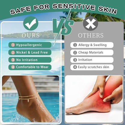 14K Gold/Sterling Silver Plated Ankle Bracelets for Women Waterproof Layered Stackable Sparkly Chain Birthstone Charm Non Tarnish Large Adjustable Birthday Jewelry Gift - color: Gold3