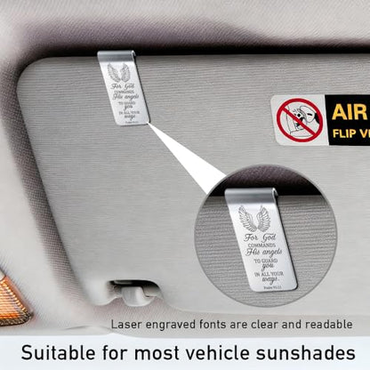 for God Commands His Angels to Guard You Engraved Stainless Steel Car Visor Clip, in All Your Ways Psalm 91:11, Inspirational Guardian Angel Safe Driving Gifts for Family Friend Traveller - color: silver019