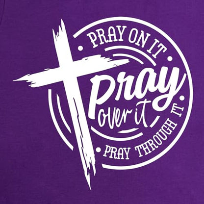 LOOKFACE Womens Pray Graphic Tees Cute Tops - color: Purple, size: Medium