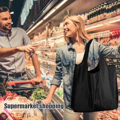 Large 50lbs Heavy Duty Reusable Foldable Grocery and Shopping Tote Bags - Washable Polyester Bags in Pocket - color: Black