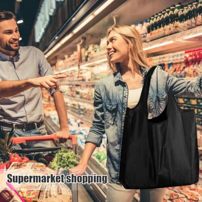 Large 50lbs Heavy Duty Reusable Foldable Grocery and Shopping Tote Bags - Washable Polyester Bags in Pocket - color: Black