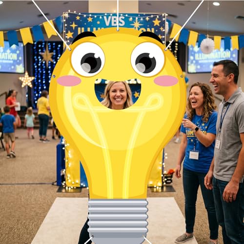 WovWeave VBS 2026 Light Bulb Face Hole Photo Booth Prop, Illumination Party Backdrop for Vacation Bible School, Sunday School Church Classroom Decorations, Funny Cartoon Photography Banner 71"x43" - style: Light Bulb