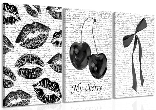 Black And White Canvas Wall Art Set of 3, Fashion Black White Lips And Cherry Posters Wall Decor, Trendy Aesthetic Bow Pictures Prints Paintings for Girls Bedroom Dorm Bathroom16x24in Framed - color: Black cherry canvas, size: 24L"x16W"