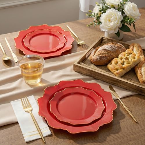 WDF 175Pcs Red Plates - Red Plastic Plates with Gold Rim - Fancy Disposable Dinnerware Sets Ideal for Party/Wedding - color: Red and Gold, size: 175 pieces