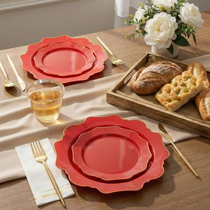 WDF 175Pcs Red Plates - Red Plastic Plates with Gold Rim - Fancy Disposable Dinnerware Sets Ideal for Party/Wedding - color: Red and Gold, size: 175 pieces