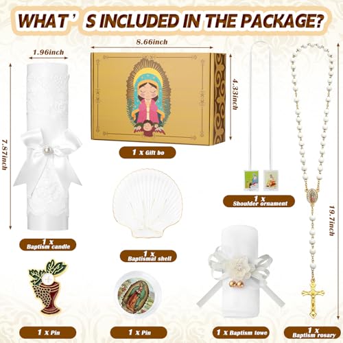 Liliful 7 Pcs Virgen De Guadalupe Baptism Candle Set, Catholic Baptism Gift Candle Towel Shell Rosary Set, Velas para Bautizo Gift for First Communion Baptismal Party Favors