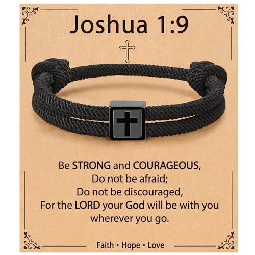 Christian Cross Bracelet for Boys Men- Adjustable Rope Bracelet Christian Religious Jewelry Gifts Ideas for Teen Boys Kids - color: Black-Joshua 1:9
