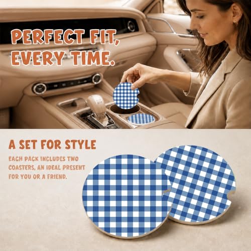 Blue Buffalo Plaid Car Coasters Set of 2, Coquette Preppy Cup Holders, 02 - color: Blue Buffalo Plaid