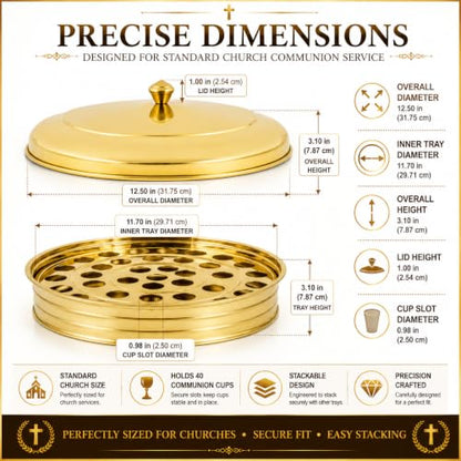 Church Communion Bundle, 40-Cup Gold Stainless Steel Communion Tray with Lid and 33 Oz Push-Button Juice Dispenser, Reusable Serving Set for Church Communion Services