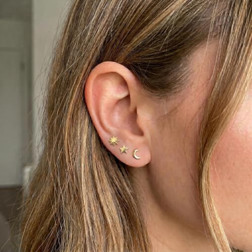 ToHeart 3 Pairs 14K Gold Plated Tiny Stud Earrings Set Gift for Women Men - color: Moon Star Sun - Gold