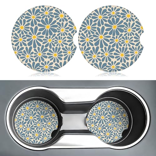 Blue Floral Car Coasters for Cup Holders,2 Pack Car Cup Holder Coasters for Car,Ceramic Absorbent Car Coaster with A Finger Notch and Cork Base,Car Interior Accessories for Women Men - color: Blue Floral