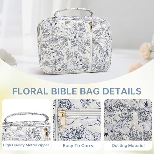 Bible Bag Cover Case for Women Study Supplies Kit Church Book Holder - color: Big Blue Flower