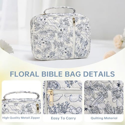 Bible Bag Cover Case for Women Study Supplies Kit Church Book Holder - color: Big Blue Flower