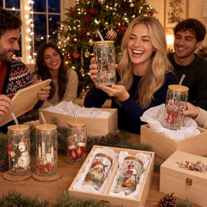 Teenyyou 12 Sets of Christmas Glasses Cups with Bamboo Lid and Glass Straw 16 oz Vintage Christmas Glass Jar Winter Drinking Cups Santa Snowman Elk Coffee Cup for Women Men Xmas Holiday Party Gifts - style: Retro Christmas