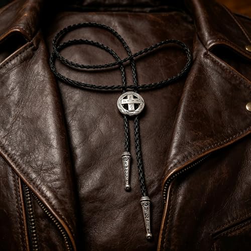 Fashionable Cross Bolo Tie Multi-Color Cross Shield Necktie - color: Retro Silver-style 1