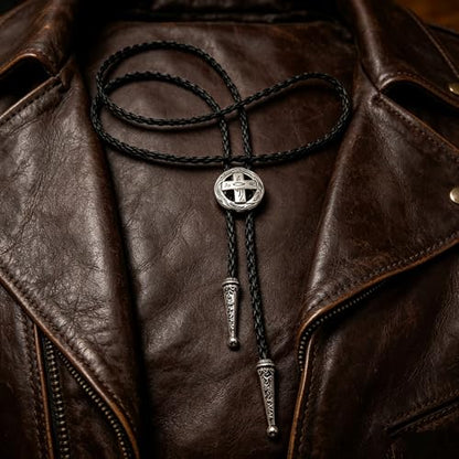 Fashionable Cross Bolo Tie Multi-Color Cross Shield Necktie - color: Retro Silver-style 1