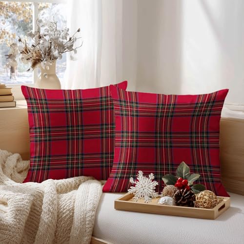 HOMETITUTE Set of 2 Christmas Red Plaid Throw Pillow Covers 18x18 Inch - color: Christmas Throw Pillow Covers #02