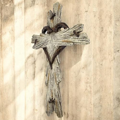Rustic Wood-Look Resin Wall Cross with Barbed Wire & Nail Heart Accents – 11 ½” Christian Farmhouse Wall Décor, Inspirational Religious Gift (Whitewash) - color: Whitewash