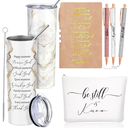 Domensi 6 Pcs Christian Gifts Set, 20 oz Tumbler Notepad Pens, White - color: White
