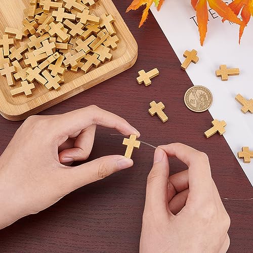 SUNNYCLUE 100Pcs Wood Cross Charms Mini Cross Beads Bulk Mini Wood Crosses Pocket Easter Rosaries Crucifix Pendants for Jewelry Making Hanging Ornament Party Favors - color: 100Pcs Camel 22x15mm