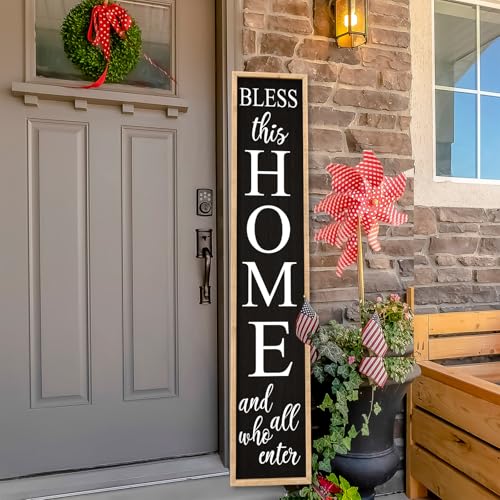 Welcome Sign for Front Door, Wood Black, 45"X9" - color: Bless this Home And All Who Enter(Wood Black)
