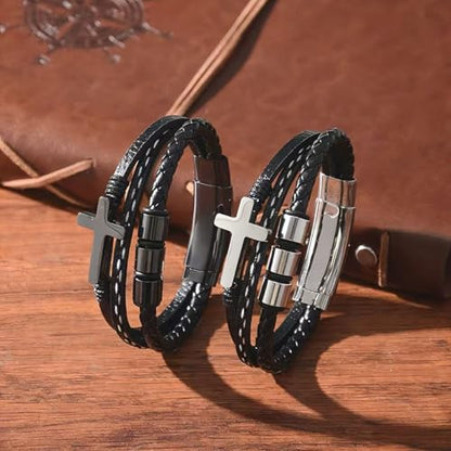 Multi-Layer Braided Leather Bracelets Mens Cross Leather Bracelet Wristband Religious Leather Bracelets Men Customized Gifts - color: black+silver, size: 8.3