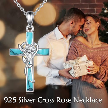 ONEFINITY Cross Necklace 925 Sterling Silver Cross Pendant Religious Jewelry Gifts - style: turquoise rose cross