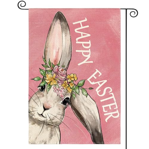 AVOIN colorlife Pink Happy Easter Bunny Garden Flag 12x18 Inch Outside - color: Pink, size: Garden Size-12 x 18"